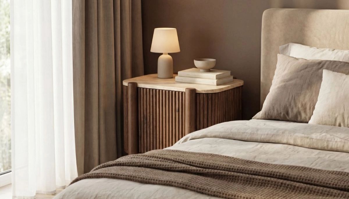 A warm bedroom styled with wooden furniture